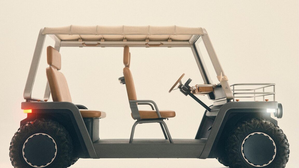 Amble One, um buggy elétrico elegante e minimalista em uma paisagem ensolarada.
